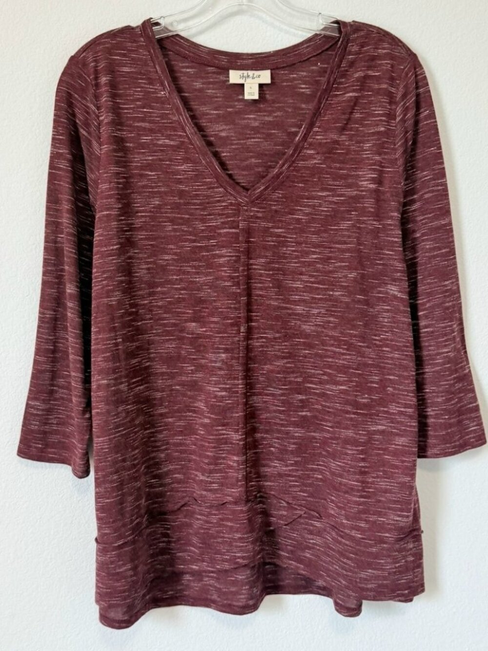 Style & Co 3/4 Sleeve V-Neck Burgundy Stretch Pullover Blouse Women's Size L
